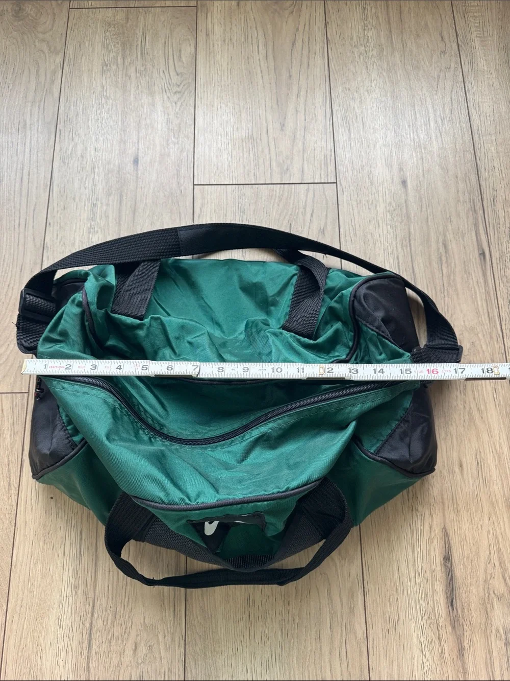 Vintage Nike Green and Black Carry On Duffle Bag Handles Long Strap Zipper